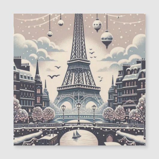 Paris Kerstposter – Eiffel Toren Besneeuwde Winter (Voorkant)