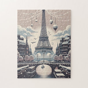 Paris Kerstposter – Eiffel Toren Besneeuwde Winter Legpuzzel