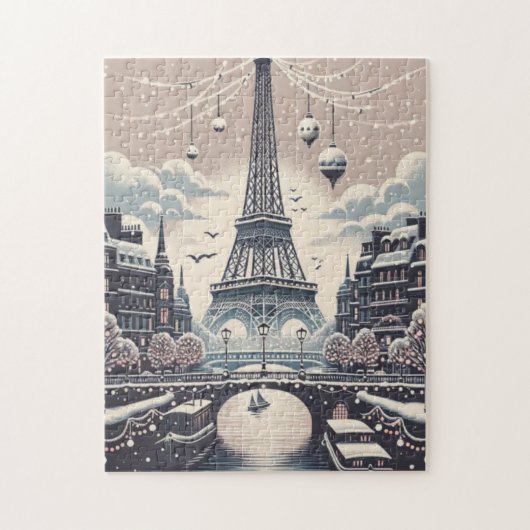 Paris Kerstposter – Eiffel Toren Besneeuwde Winter Legpuzzel (Verticaal)