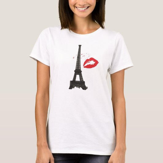 "Paris Kiss" Vrouwenbladerblad bovenaan, wit T-shirt (Voorkant)
