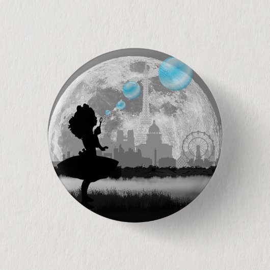 PARIS Klein Meisje dat Blauwe Bubbel Kunst Knop ma Ronde Button 3,2 Cm (Voorkant)