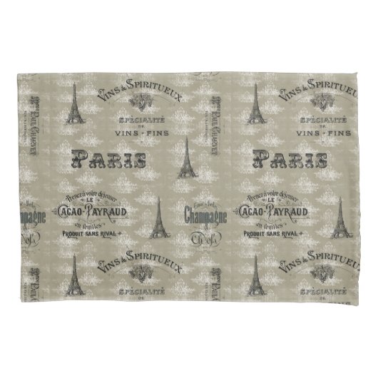 Paris Label Collage Taupe Damask Pillowcase Kussensloop (Voorkant)