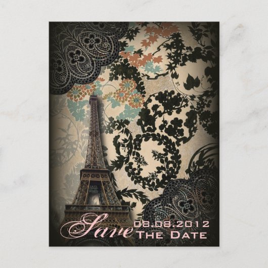 Paris Lace vintage bruiloft save the date Aankondigingskaart (Voorkant)