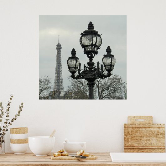 Paris Lamp Post and Eiffel Tower Scene in Winter Poster (Keuken)