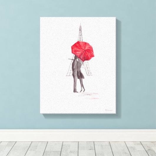 Paris liefdespaar met rode paraplu Canvas druk (Insitu (Houten vloer))