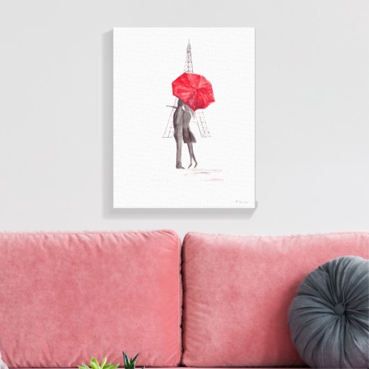 Paris liefdespaar met rode paraplu Canvas druk (Insitu (Woonkamer))