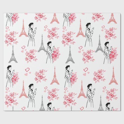 Paris Liefdespatroon – Eiffeltoren & Rozent Naadlo Cadeaupapier (Vlak)