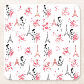 Paris Love Pattern – Eiffel Tower & Roses Seamless Kartonnen Onderzetters