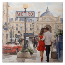 Paris Love: Romantic Couple by Train Station Metro Tegeltje