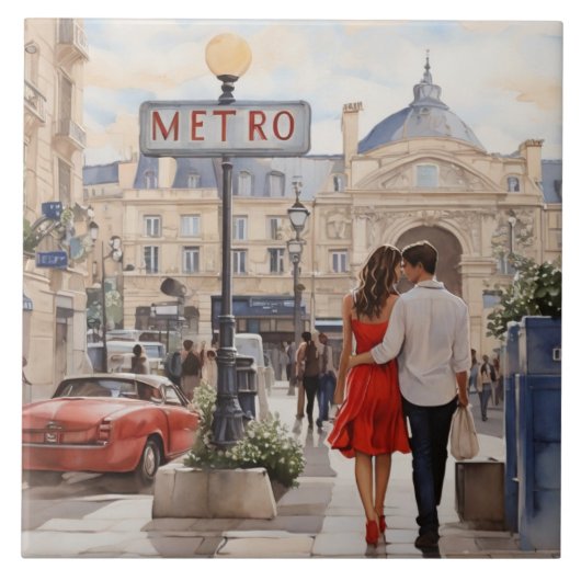 Paris Love: Romantic Couple by Train Station Metro Tegeltje (Voorkant)