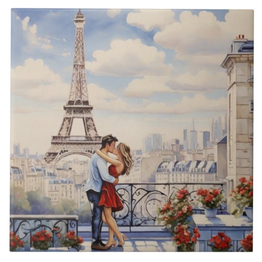 Paris Love: Romantic Couple Eiffel Tower Balcony Tegeltje (Voorkant)