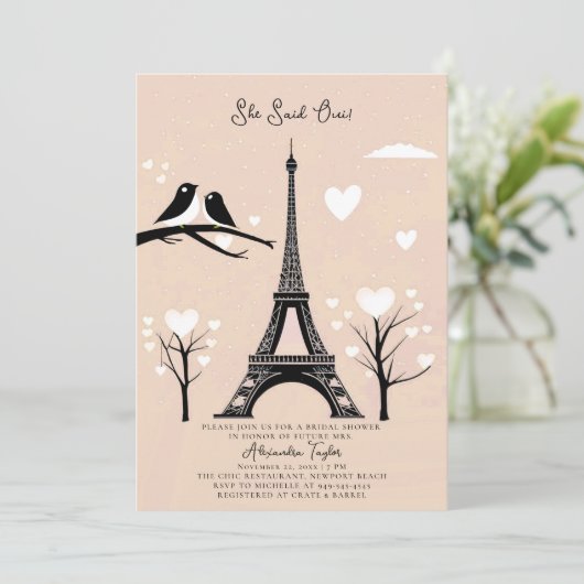 Paris Lovebirds Eiffel Winterperzik Vrijgezellenfe Kaart (Staand voorkant)