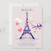 Paris Lovebirds Roze Harten Navy Vrijgezellenfeest Kaart (Voorkant)