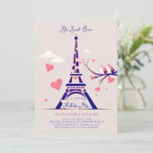 Paris Lovebirds Roze Harten Navy Vrijgezellenfeest Kaart (Staand voorkant)