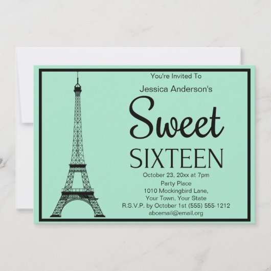 Paris Mint Green Black Eiffel Tower Sweet Sixteen Kaart (Voorkant)