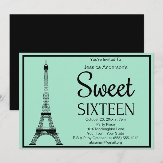 Paris Mint Green Black Eiffel Tower Sweet Sixteen Kaart (Voorkant / Achterkant)