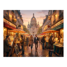 Paris Montmartre Kunstmarkt bij Schemer Poster
