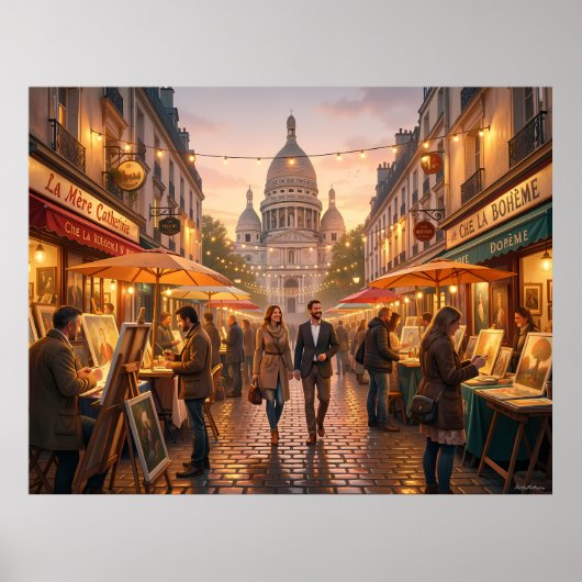 Paris Montmartre Kunstmarkt bij Schemer Poster (Voorkant)