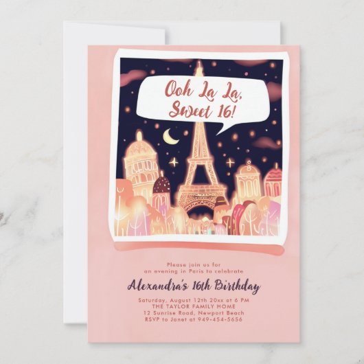 Paris Night Eiffel Stripstijl Roze Chique Sweet 16 Kaart (Voorkant)