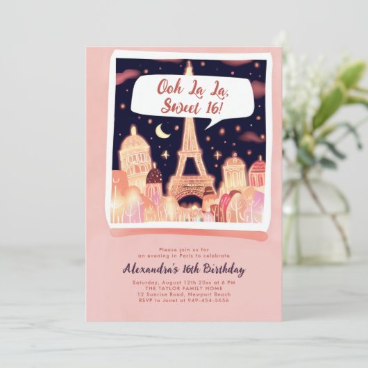Paris Night Eiffel Stripstijl Roze Chique Sweet 16 Kaart (Staand voorkant)