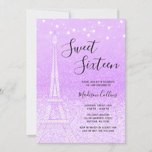 Paris Paars Glitter Lights Sweet 16 Kaart