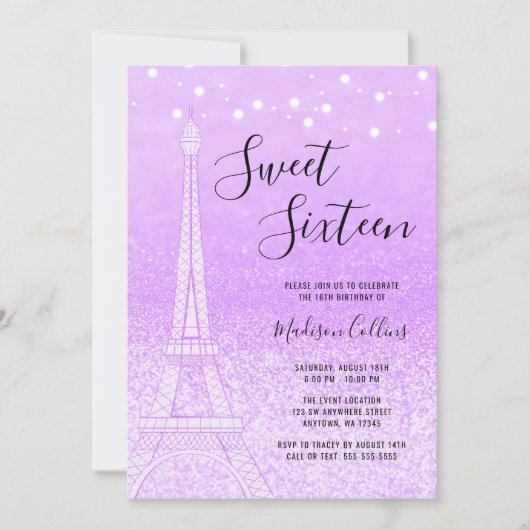 Paris Paars Glitter Lights Sweet 16 Kaart (Voorkant)
