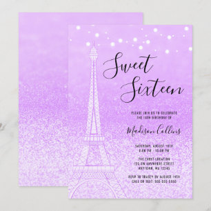 Paris Paars Glitter Lights Sweet 16 Kaart
