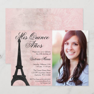  Paris Pink Black Sweet 15 Quinceanera Kaart