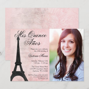  Paris Pink Black Sweet 15 Quinceanera Kaart