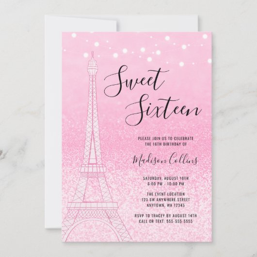 Paris Pink Glitter Lights Sweet 16 Kaart (Voorkant)