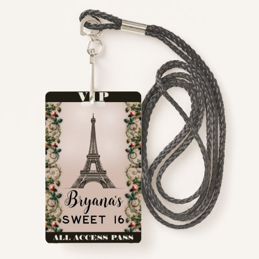 Paris Pink Rose Vines Eiffeltoren VIP Pass Badge (Voorkant met draagriem)