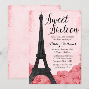 Paris Pink Roses Sweet 16 Birthday Kaart