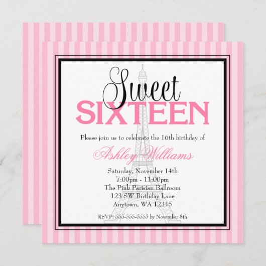 Paris Pink Stripes Sweet 16 Birthday Invitations Kaart (Voorkant / Achterkant)