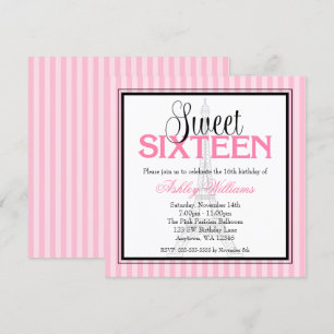 Paris Pink Stripes Sweet 16 Birthday Invitations Kaart