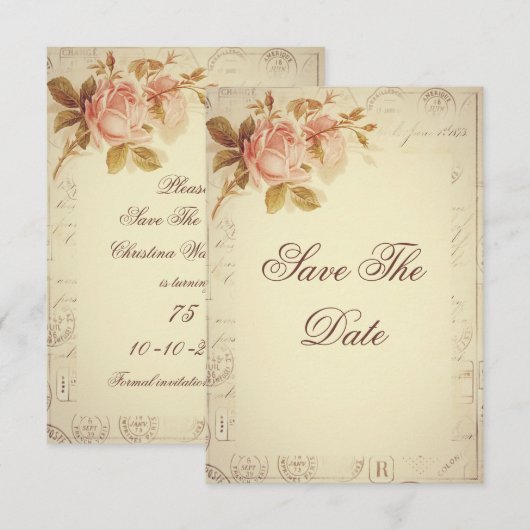  Paris Postmarks Chic Rozen 75th Save The Date (Voorkant / Achterkant)