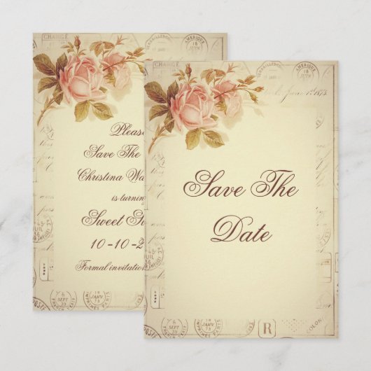 Paris Postmarks Chic Rozen Sweet 16 Save The Date (Voorkant / Achterkant)