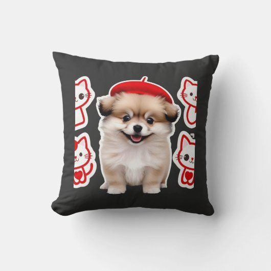 Paris Pup & Kitty Crew � Cute Beret Hond en Kat Kussen (Voorkant)
