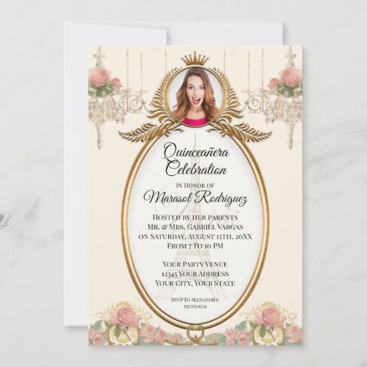  Paris Quinceañera Blush Gold w Chandelier Kaart (Voorkant)