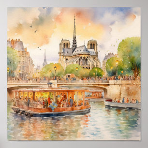 Paris River Seine Boottocht Scène Kunst Poster
