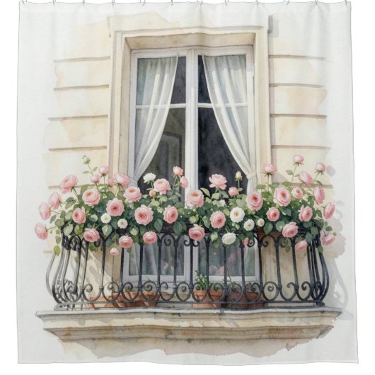 Paris Roos Balkon Aquarel Douchegordijn (Voorkant)