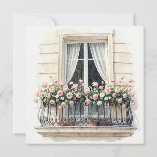 Paris Roos Balkon Aquarel Kaart (Voorkant)