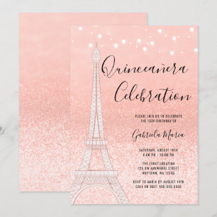 Paris Roos Gold Glitter Lights Quinceañera Kaart