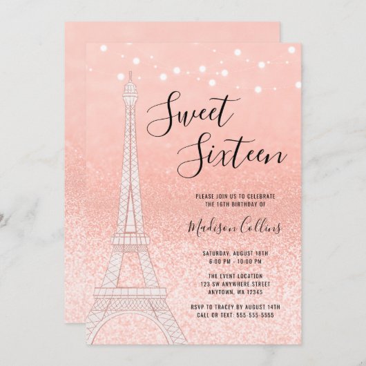 Paris Roos Gold Glitter Lights Sweet 16 Kaart (Voorkant / Achterkant)