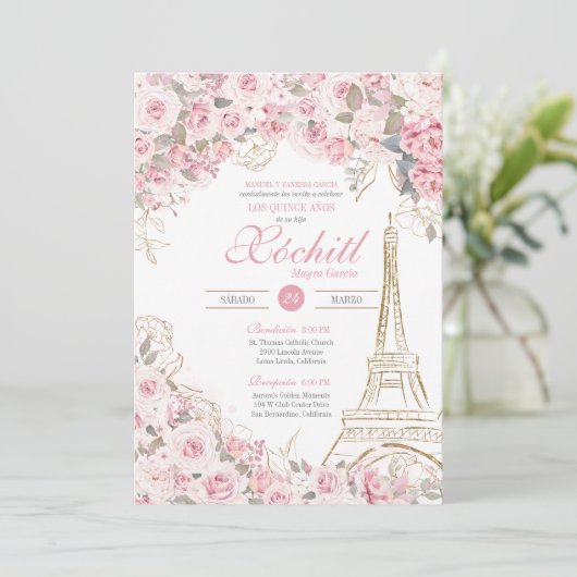 Paris Roos Tuin Bloesem Roze Blush Quinceanera Kaart (Staand voorkant)