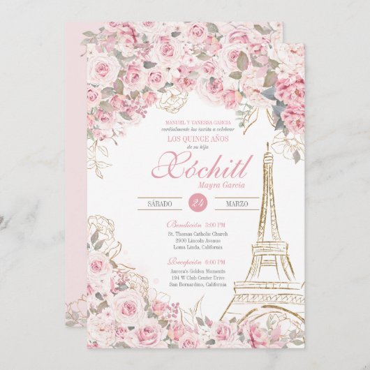 Paris Roos Tuin Bloesem Roze Blush Quinceanera Kaart (Voorkant / Achterkant)