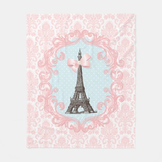 Paris  Roze Damask Eiffel Tower Girly Bow Fleece Deken (Voorkant)