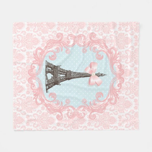Paris  Roze Damask Eiffel Tower Girly Bow Fleece Deken (Voorkant (Horizontaal))