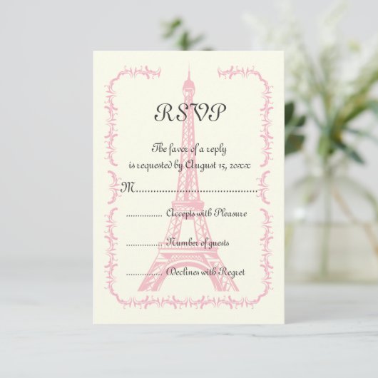 Paris roze Eiffeltoren bestemming bruiloft RSVP (Staand voorkant)