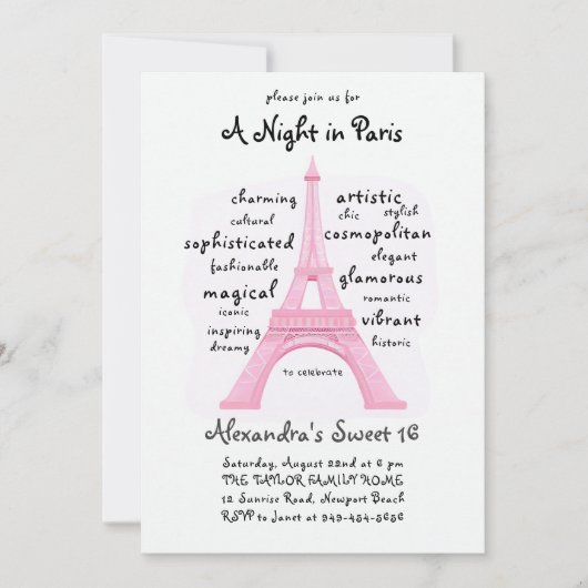 Paris Roze Eiffeltoren Word Cloud Chic Sweet 16 Kaart (Voorkant)