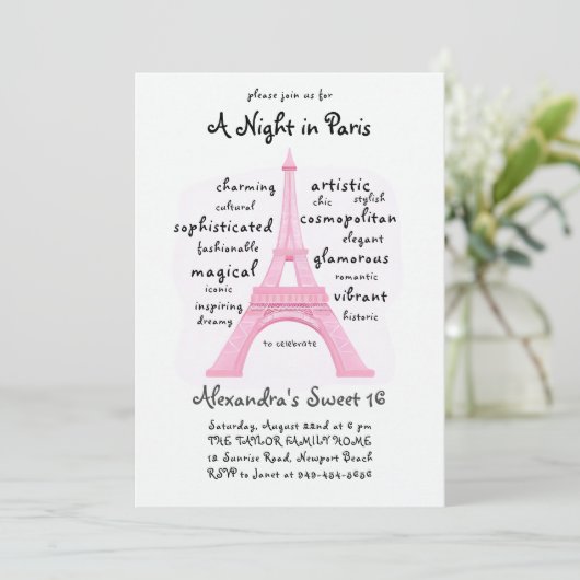 Paris Roze Eiffeltoren Word Cloud Chic Sweet 16 Kaart (Staand voorkant)